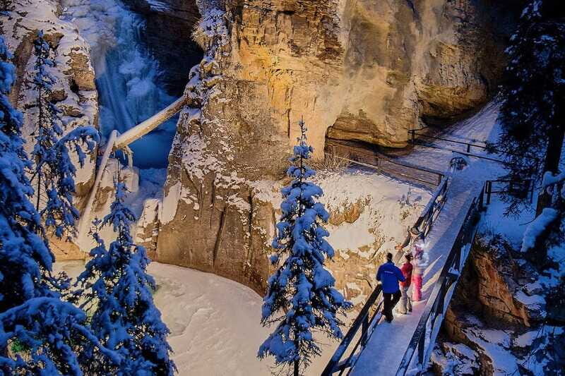 Banff: Johnston Canyon Evening Icewalk - Walking the steel catwalks toward the frozen lower falls