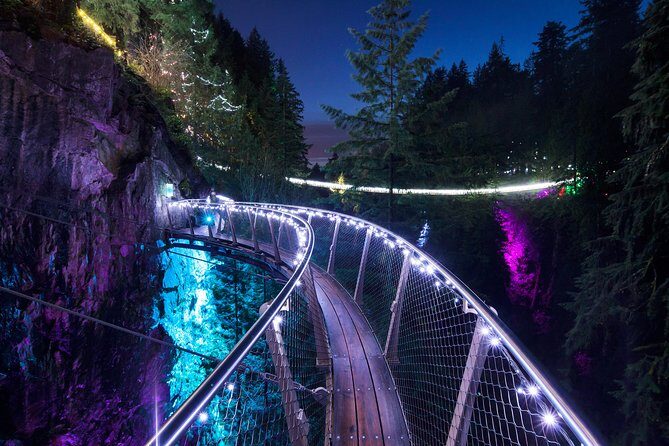 Explore Vancouver City & Capilano Suspension Bridge Canyon Lights - Capilano Suspension Bridge Park at night: Cliffwalk, TreeTrek, and the lights