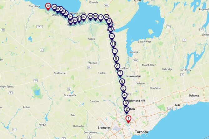 Smartphone Audio Driving Tour between Collingwood and Toronto - How the route lets you start anywhere and stop on your terms