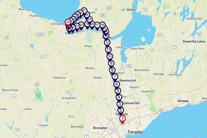 Smartphone Audio Driving Tour between Wasaga Beach and Toronto - Entering the route: Wasaga Beach coast to the Barrie corridor