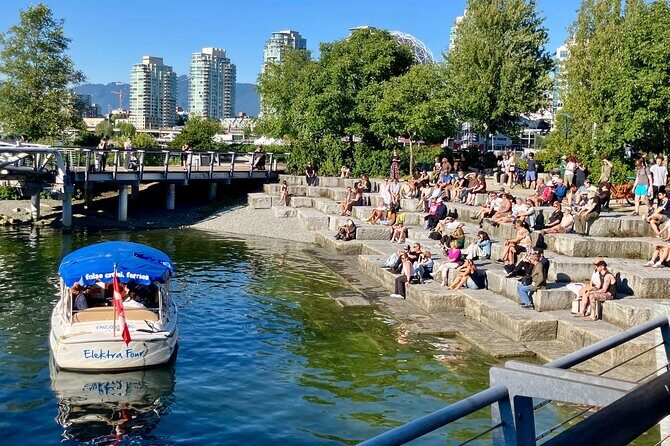 Vancouver False Creek Ferry Tour - The Expo 86 pavilion marker: how old Vancouver landmarks still shape the shoreline