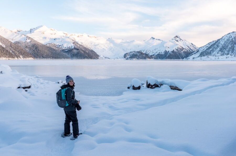 Whistler: Backcountry Snowshoeing Tour with Guide - Joffre Lakes: frozen stillness and light through snow trees
